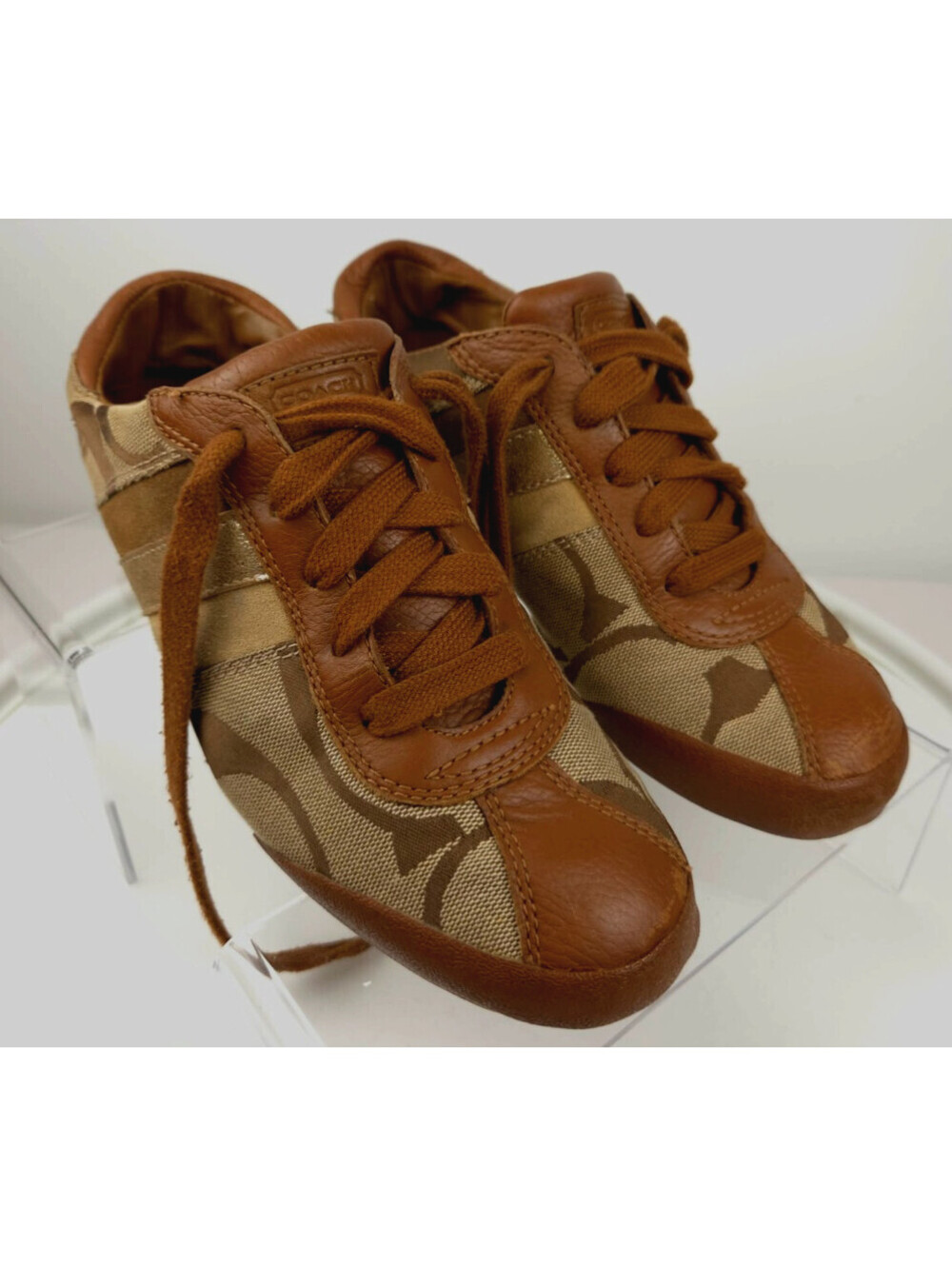 Coach Signature Monogram Sneakers Brown Canvas Leather Low Top Womens Size 6M
